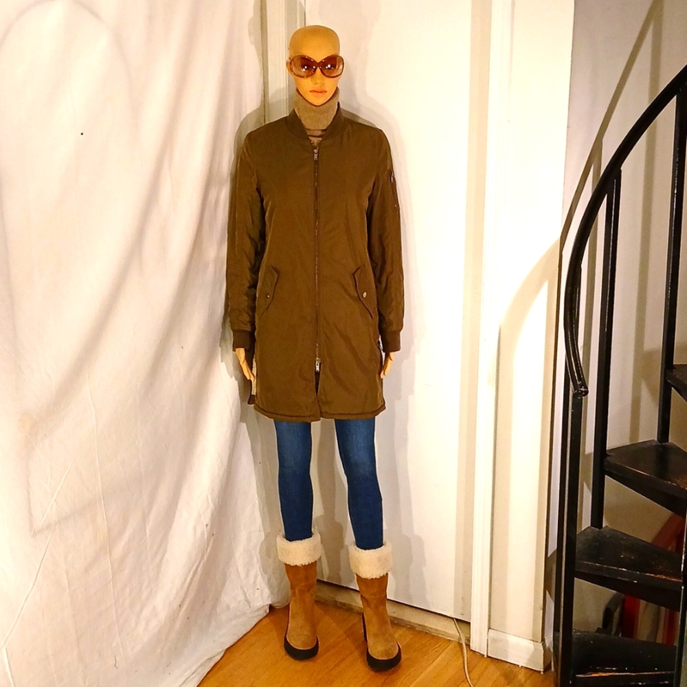🔥 Like New J. Crew Army Green Fleece Lined Long Bomber Jacket.